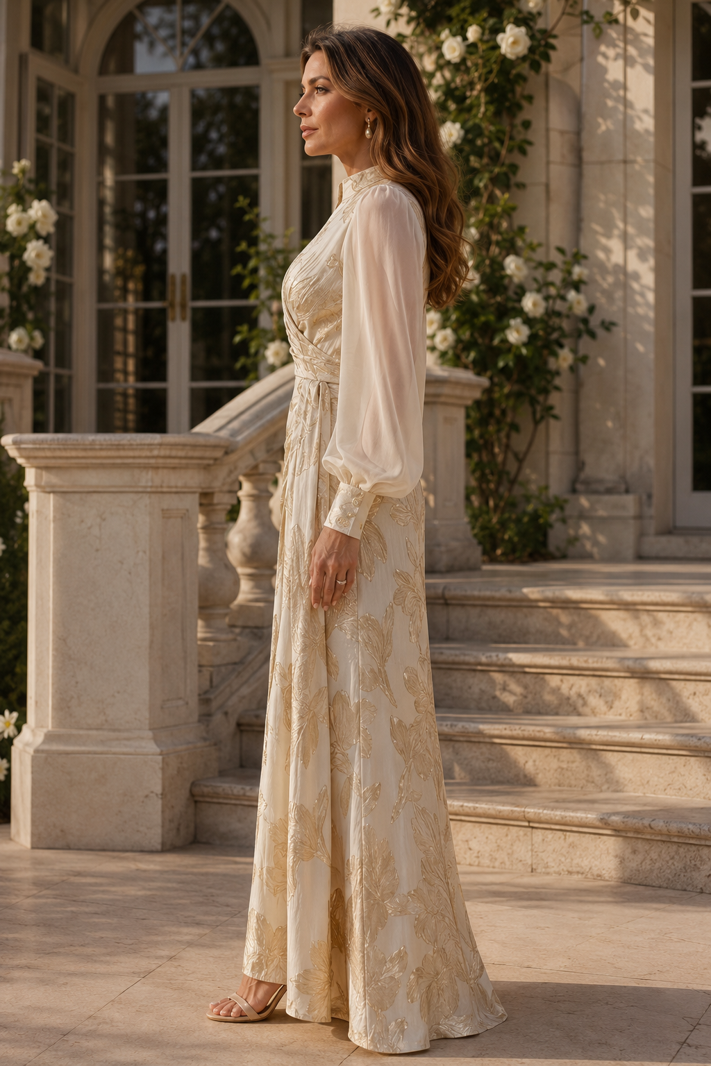Floral Jacquard A-Line Gown with Chiffon Sleeves