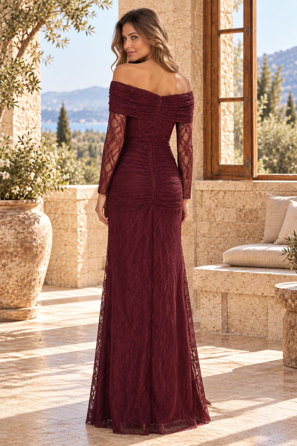 Off-the-Shoulder Ruched Lace Maxi Dress