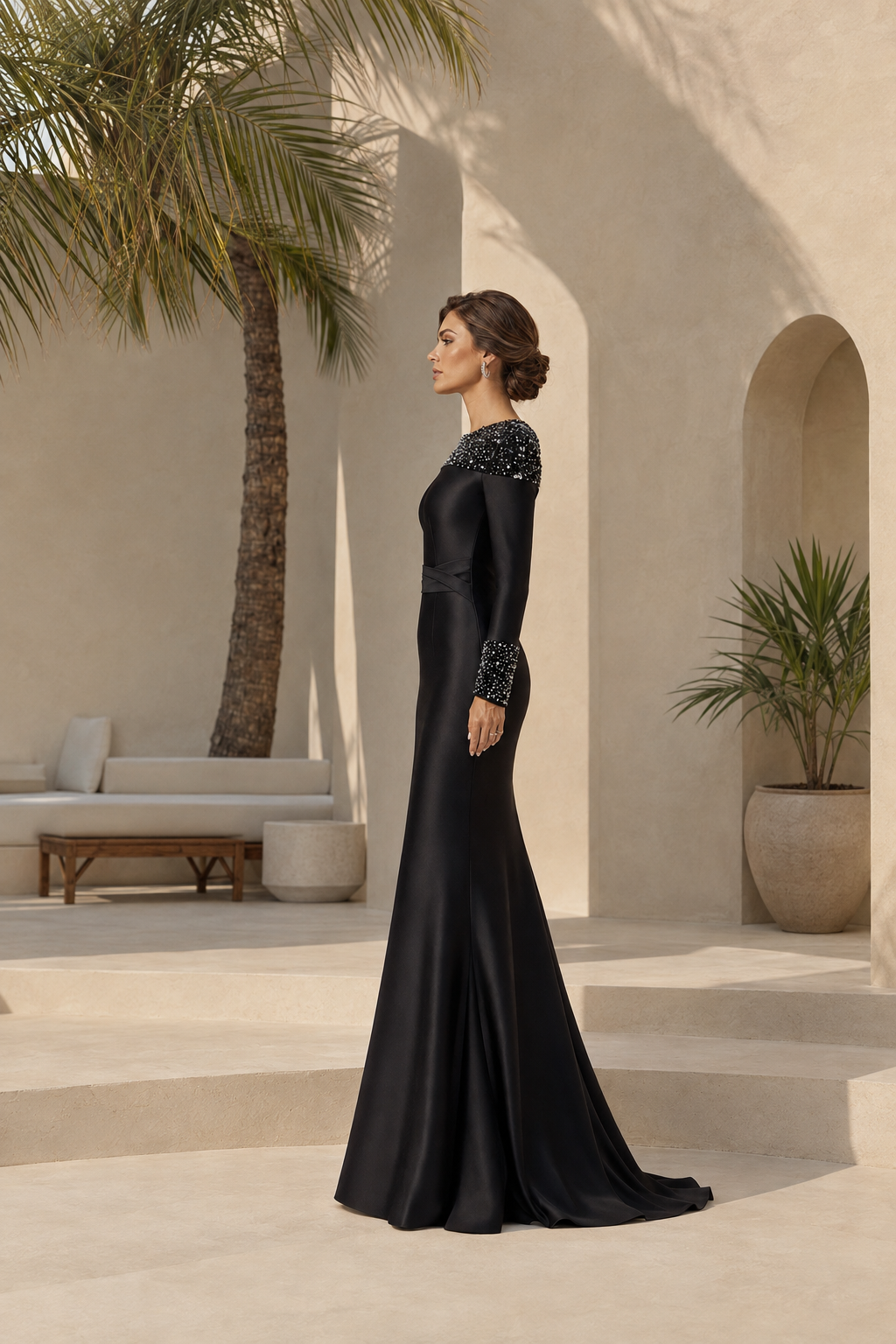Beaded Long Sleeve Mermaid Evening Gown