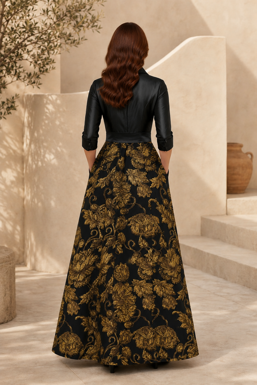 Satin Shirt Bodice Gown with Gold Jacquard Floral Skirt