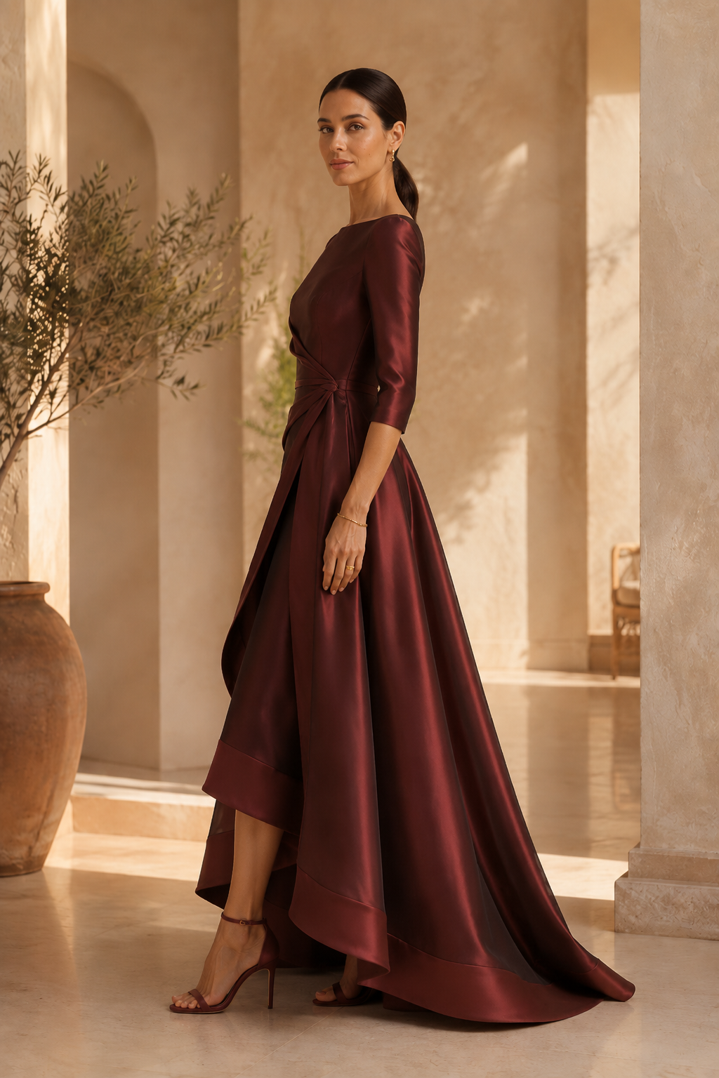 High-Low Bateau Evening Gown with 3/4 Sleeves