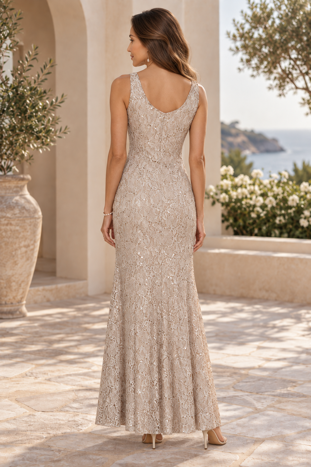 Sleeveless Sequin Lace Scoop Neck Floor-Length Gown