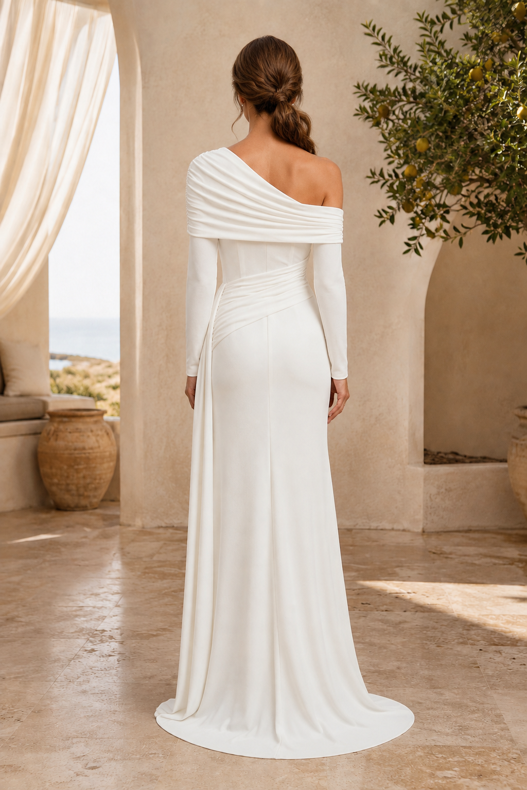 One-Shoulder Ruched Long Sleeve Gown