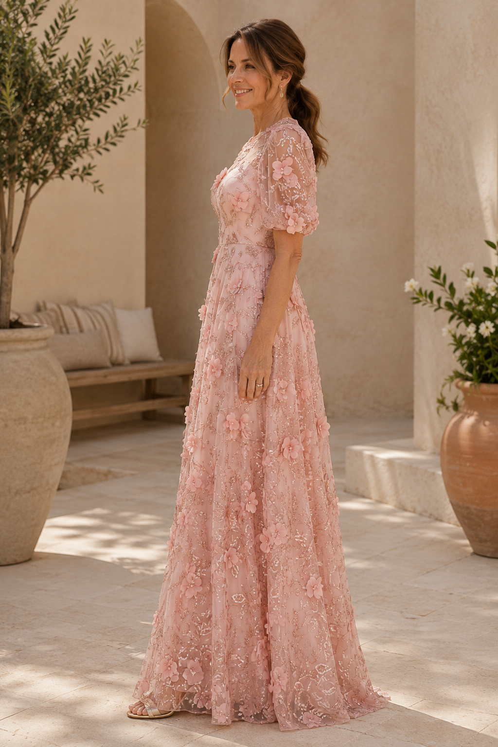 3D Floral Applique Puff Sleeve A-Line Gown