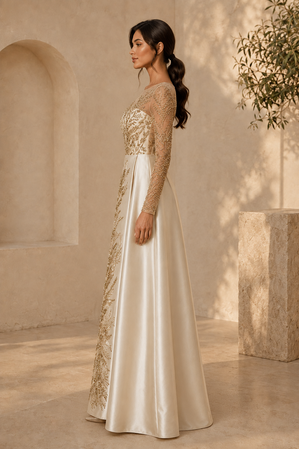 Sequined Long Sleeve Illusion A-Line Evening Gown