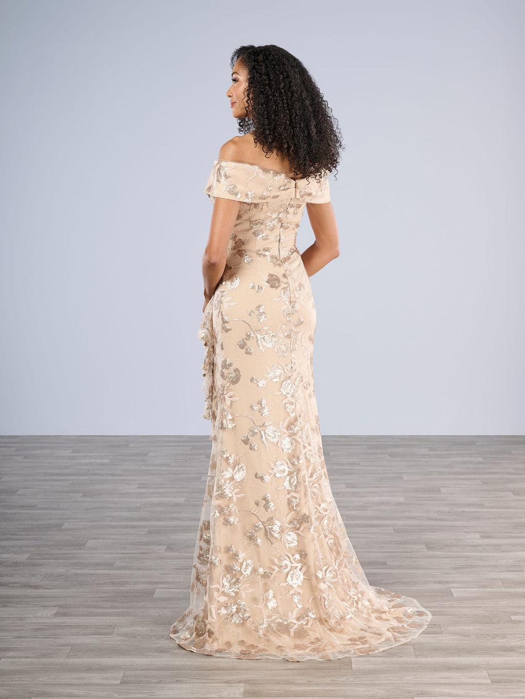 Off-the-Shoulder Floral Sequin Gown with Slit