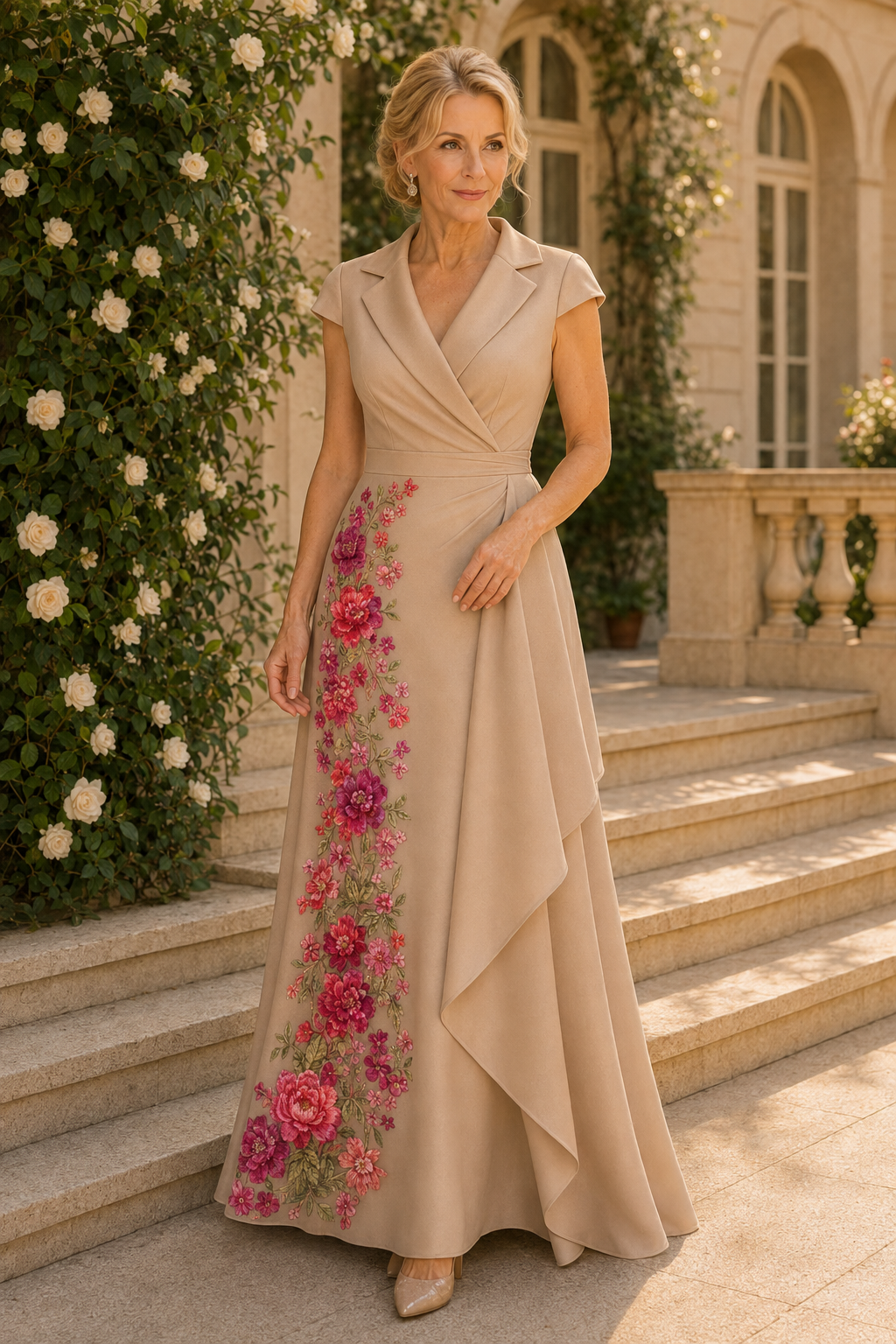 Floral Embroidered Lapel Wrap Gown with Cascading Drape