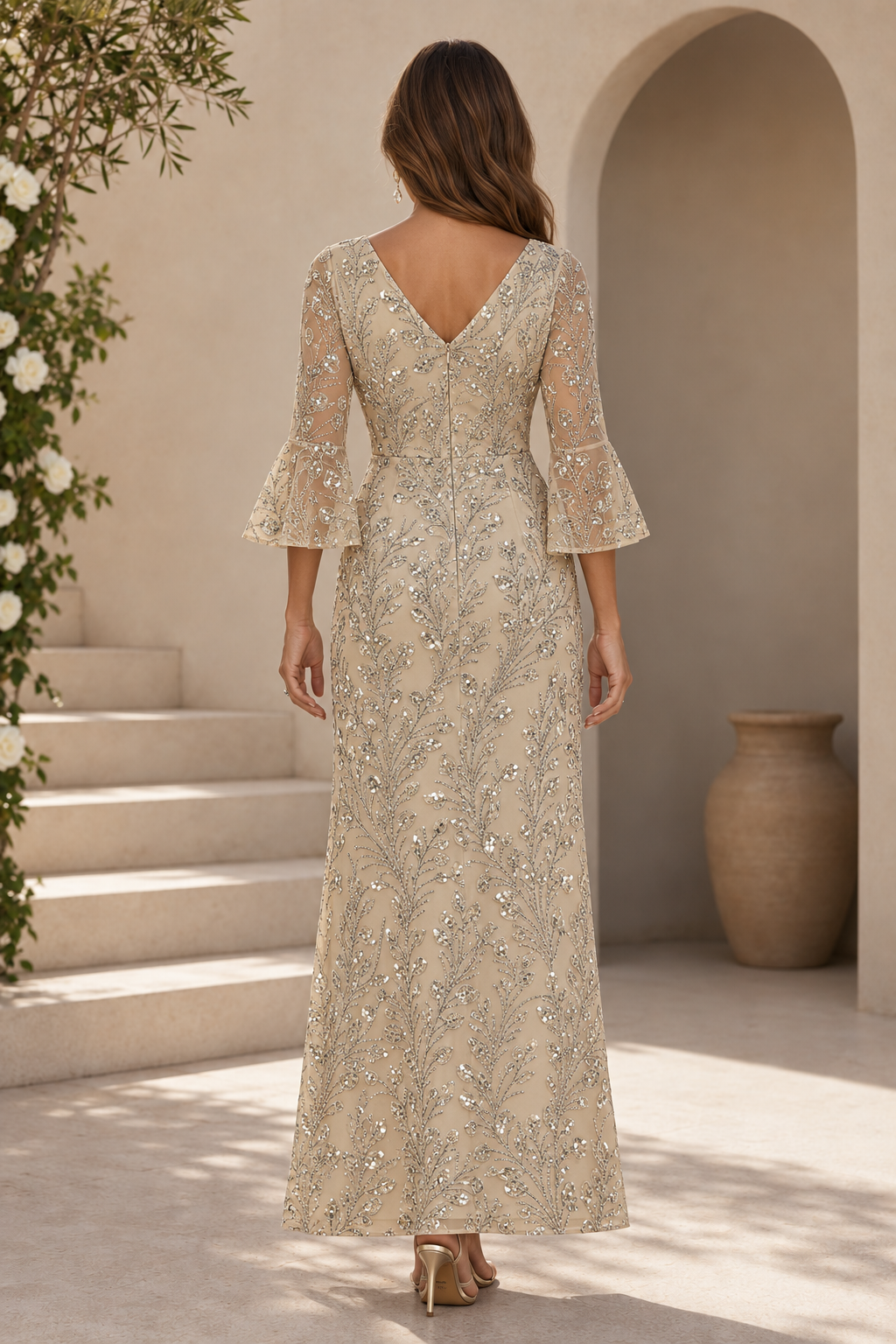 V-Neck Sequin Gown with Bell Sleeves