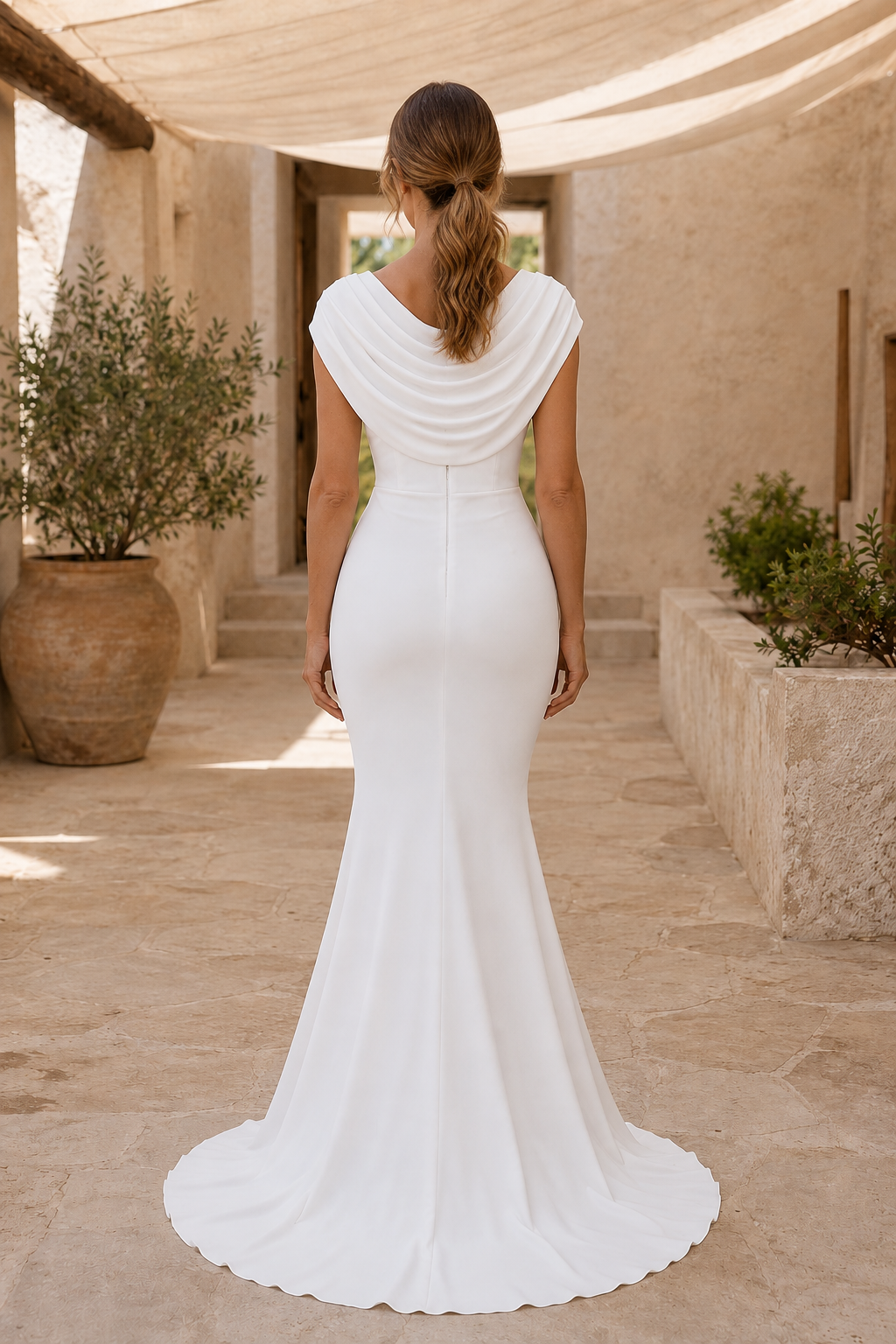 Cowl Neck Ruched Mermaid Gown with Train