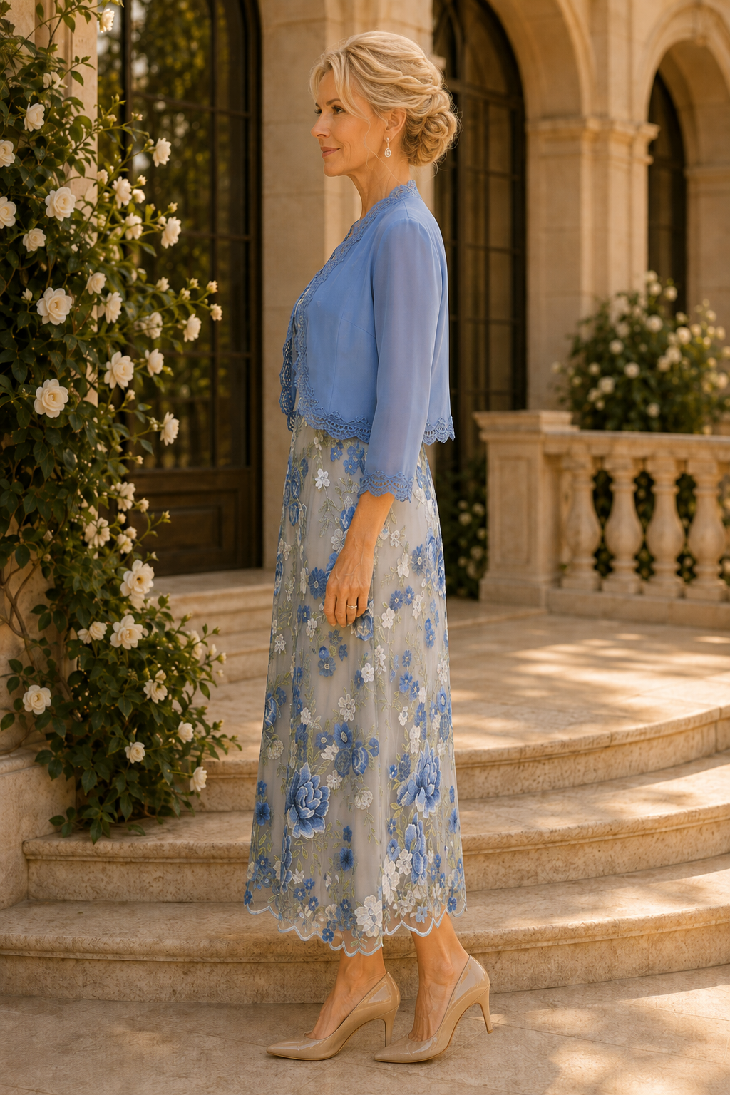 Floral Embroidered Tea-Length Dress with Bolero