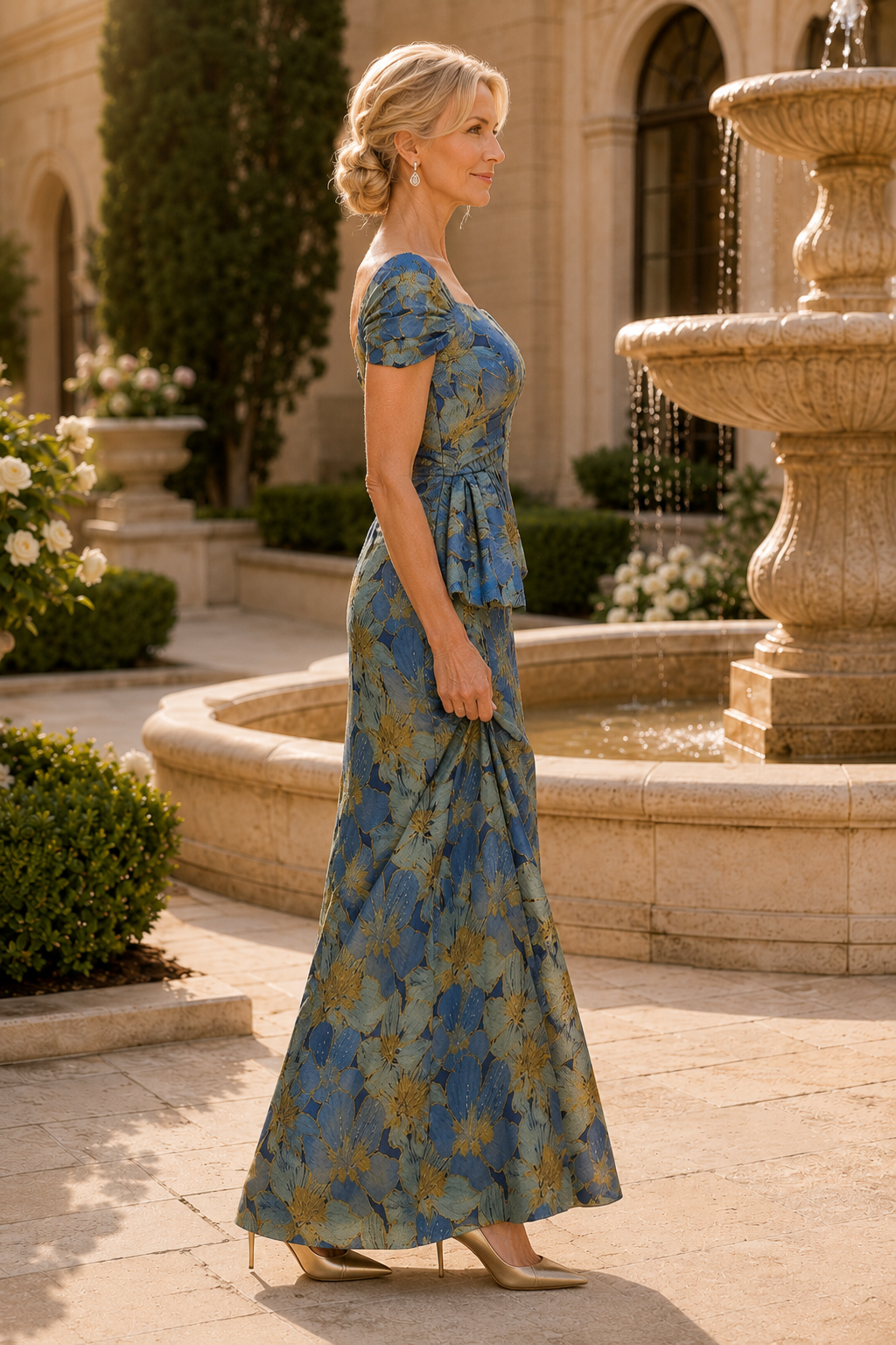 Floral Jacquard Gown with Peplum Detail