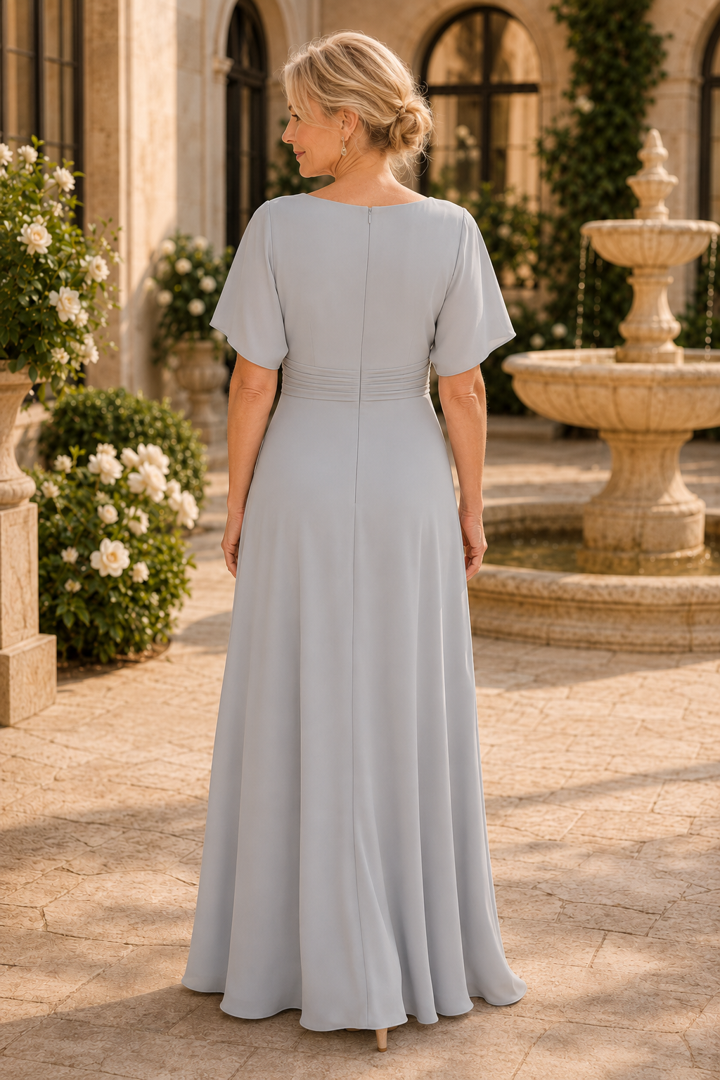 Flutter Sleeve Pleated Waist A-Line Maxi Dress