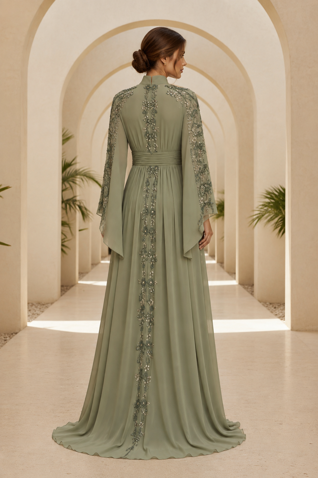 Embellished High Neck Bell Sleeve Chiffon Gown
