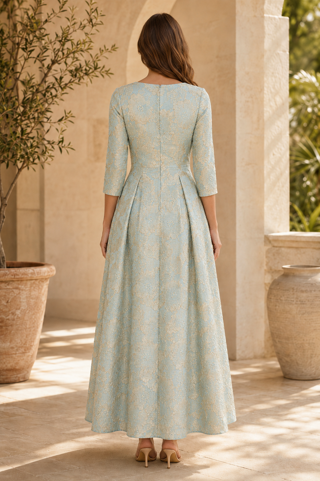 Bateau Neck 3/4 Sleeve Brocade A-Line Maxi Dress