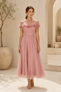 Illusion Neckline 3D Floral Trim Chiffon Midi Dress