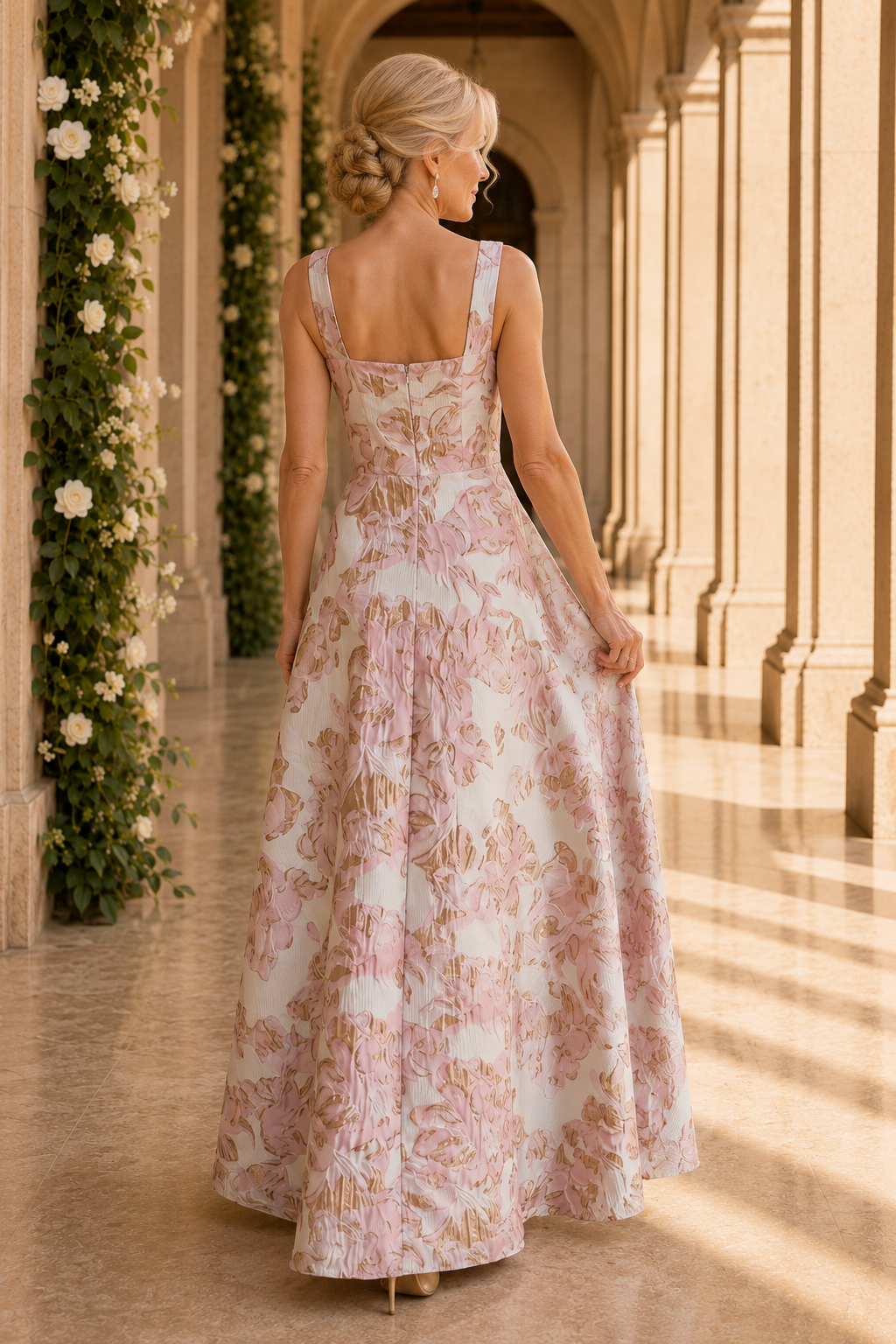 Floral Jacquard Gown with Cascading Side Ruffle