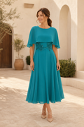 A-Line Chiffon Cape Midi Dress with Beaded Waist