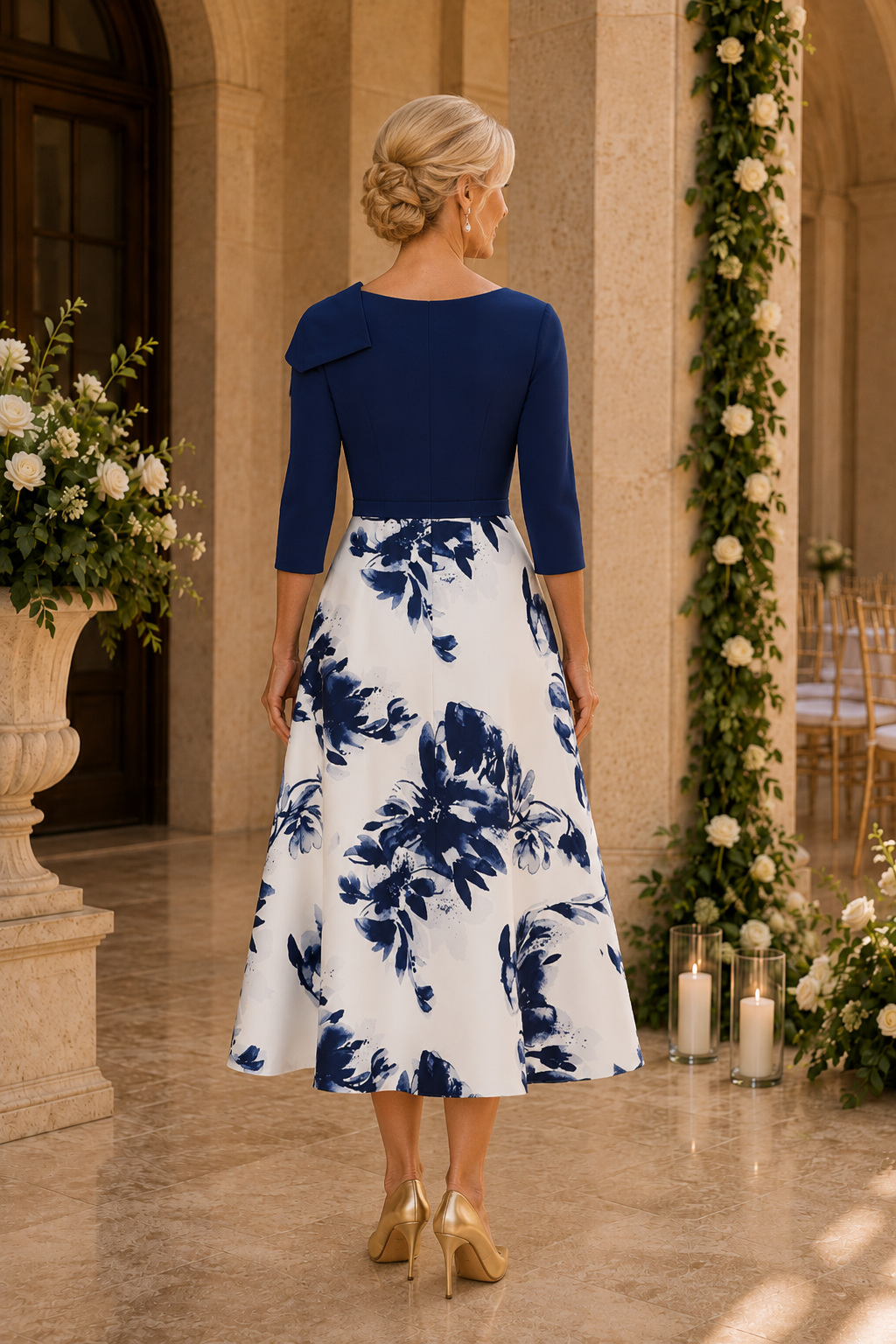 Asymmetrical Bow Floral A-Line Midi Dress