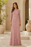 Bateau Neck Lace Evening Gown with 3/4 Sleeves