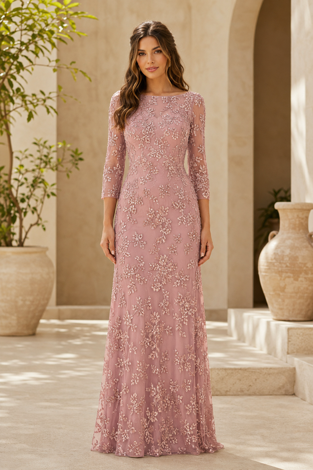 Bateau Neck Lace Evening Gown with 3/4 Sleeves
