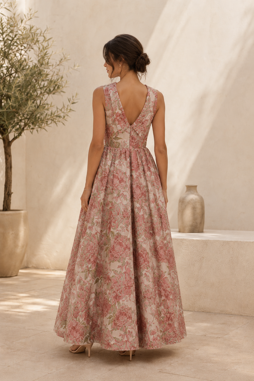 Floral Jacquard High Neck A-Line Maxi Gown