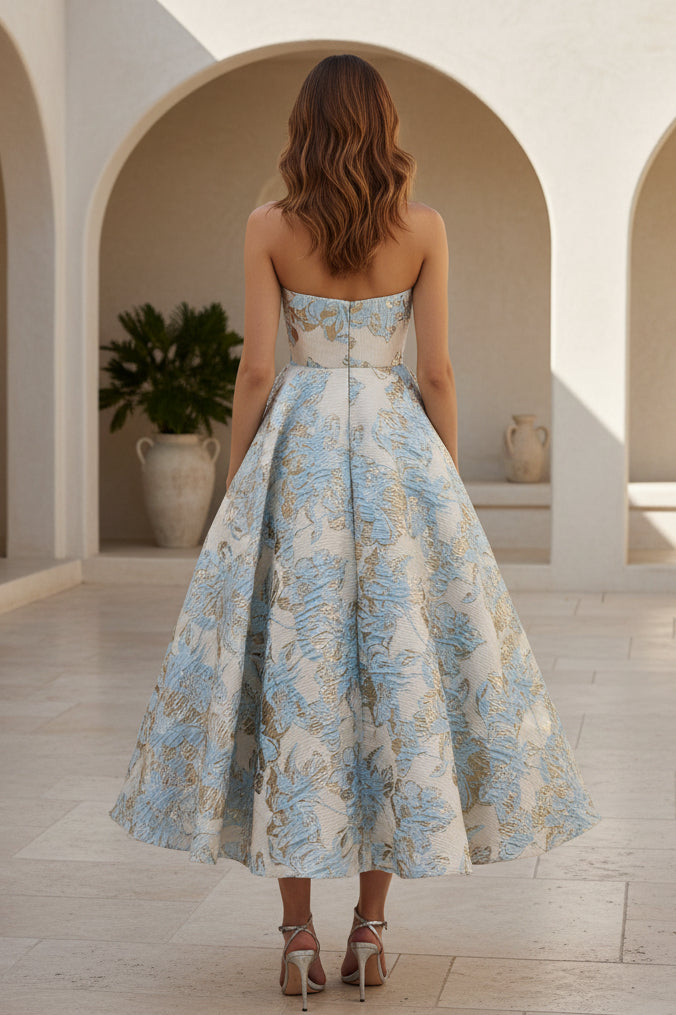 Strapless Metallic Jacquard A-Line Midi Dress