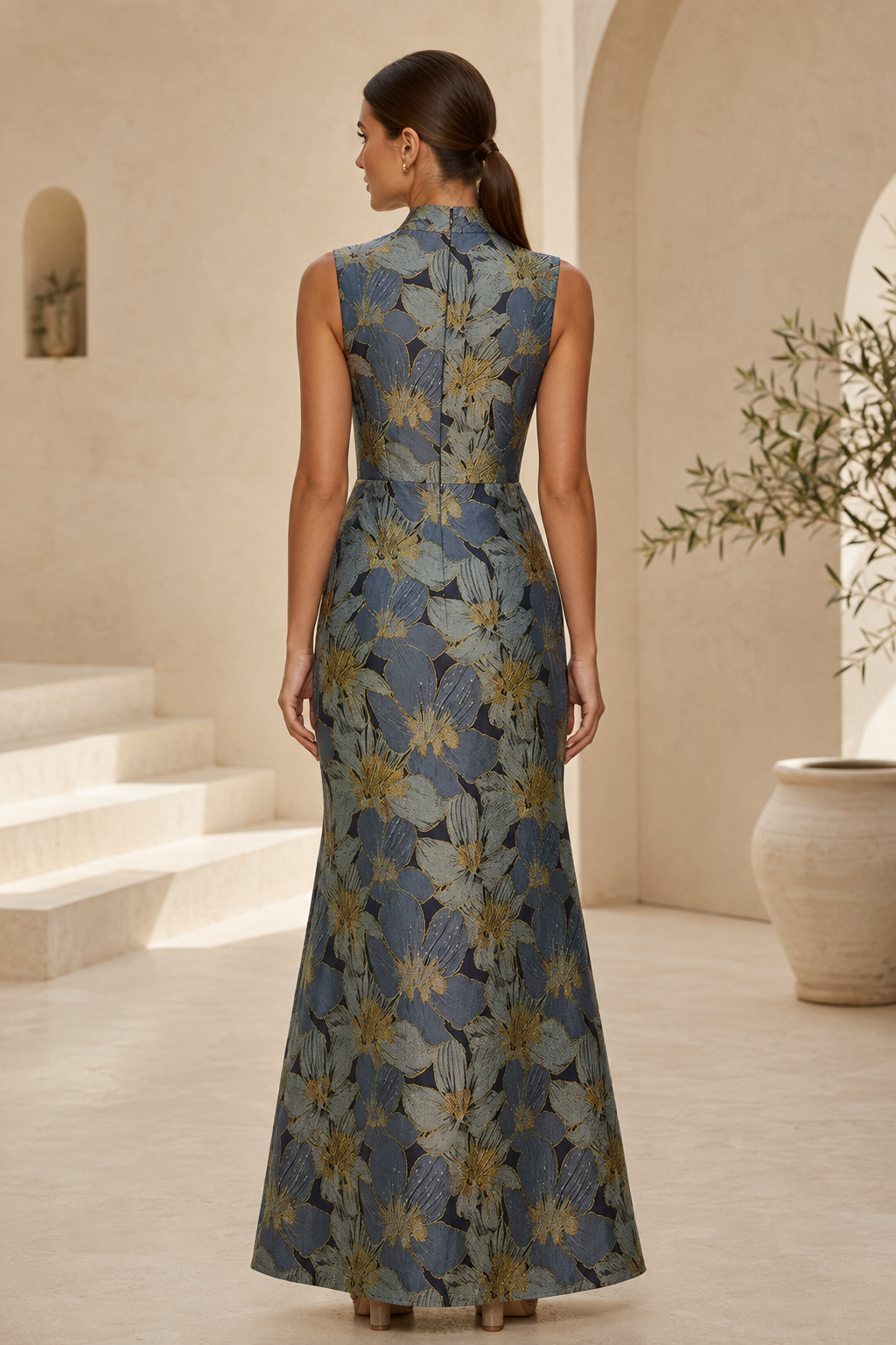 Floral Jacquard Sleeveless Gown with Stand Collar & Sash