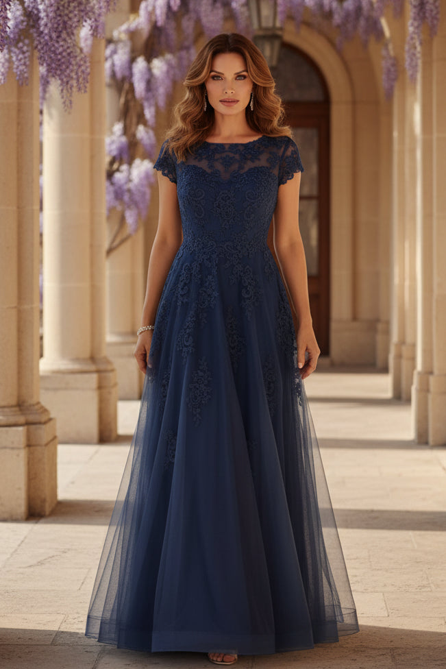 Illusion Bateau Neck Lace and Tulle A-Line Gown