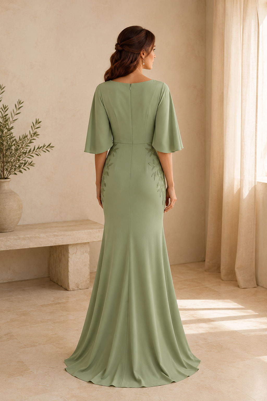 Mermaid Evening Gown with Flutter Sleeves & Vine Embroidery