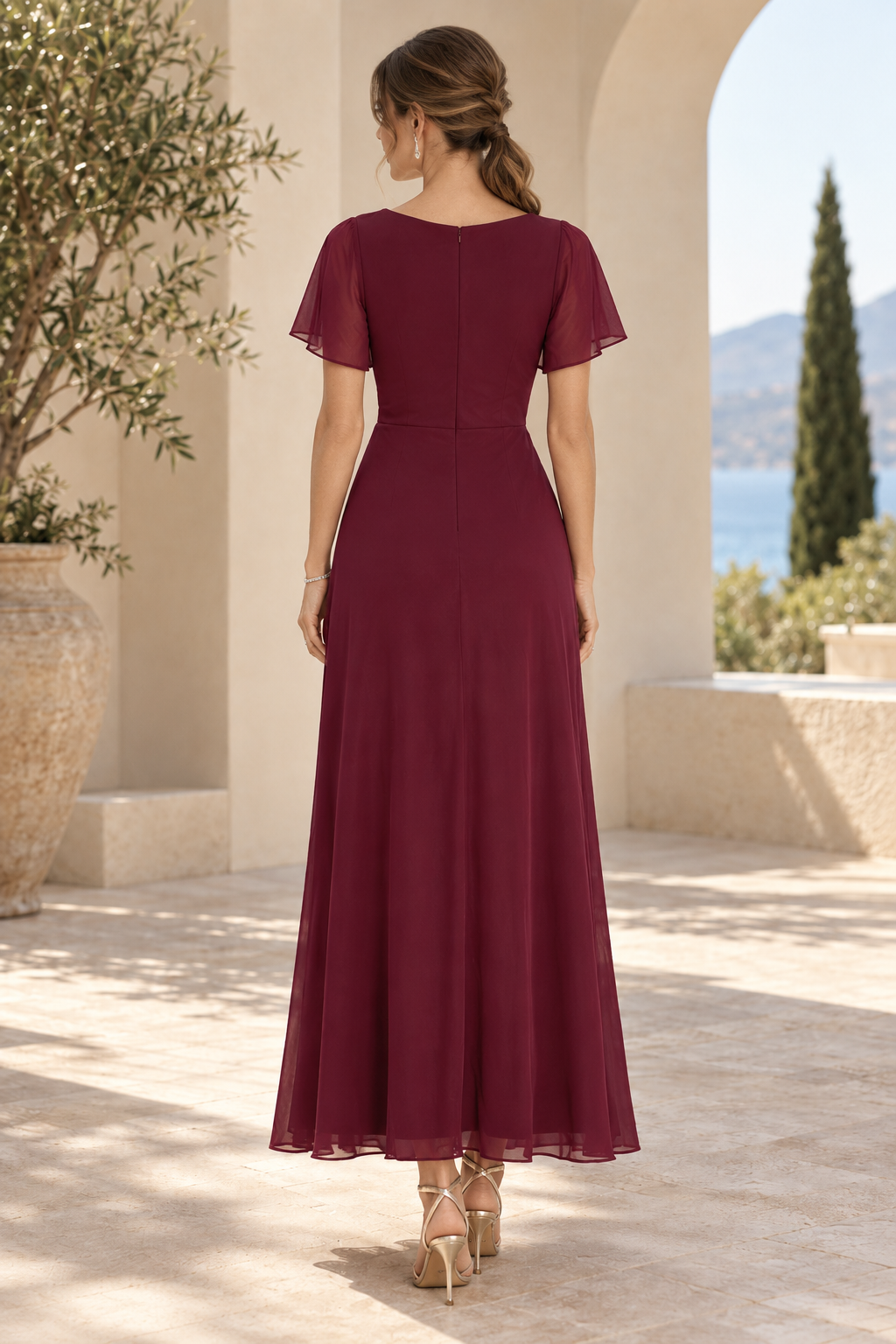 Flutter Sleeve Ruched A-Line Gown with Slit