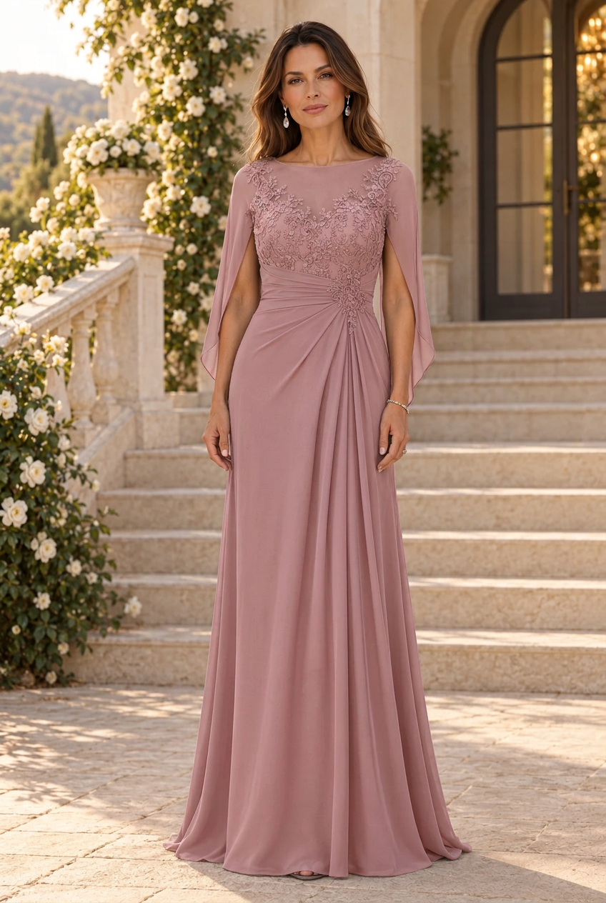 Illusion Neckline Cape Evening Gown with Appliques