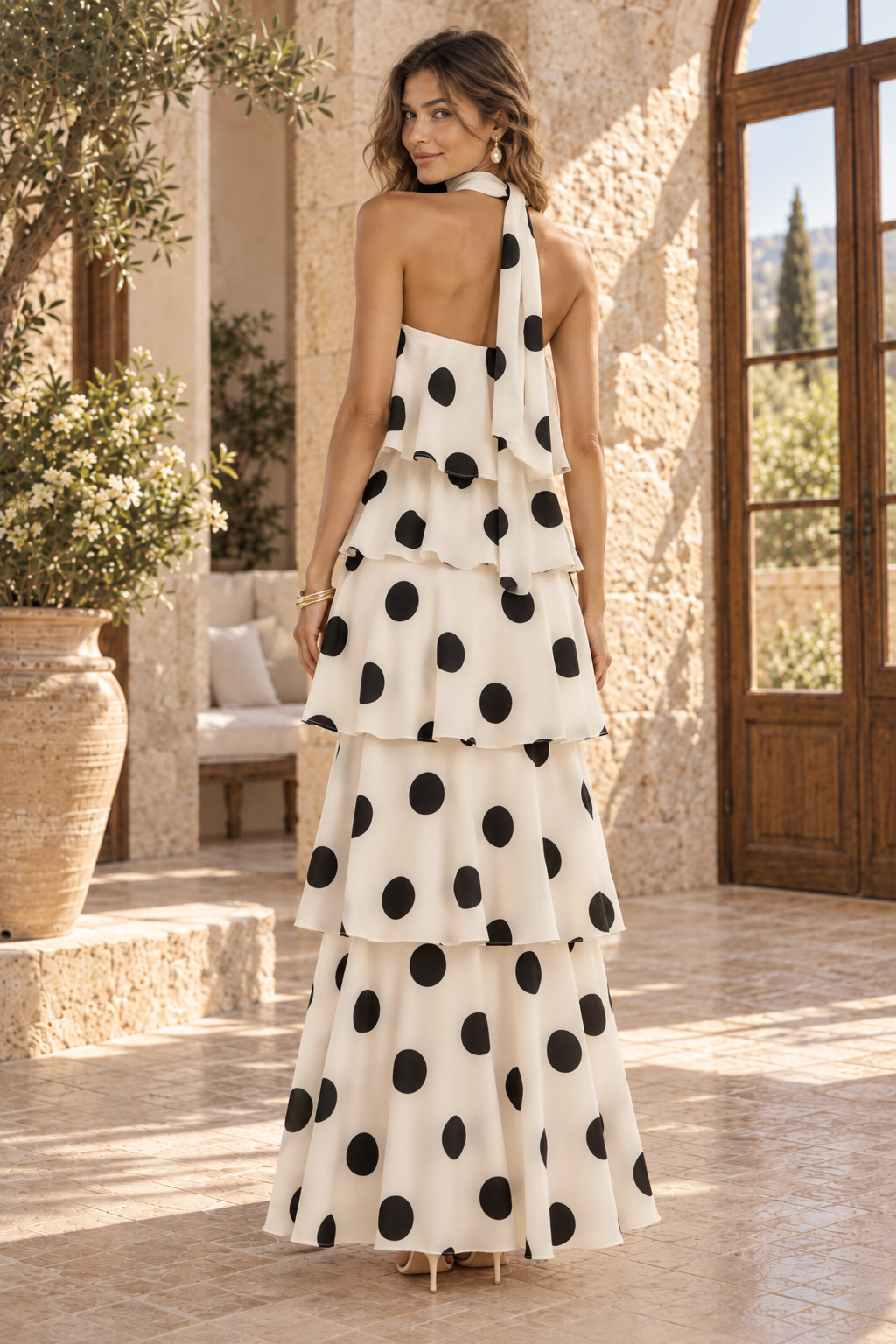 Polka Dot Tiered Maxi Dress with Neck Scarf