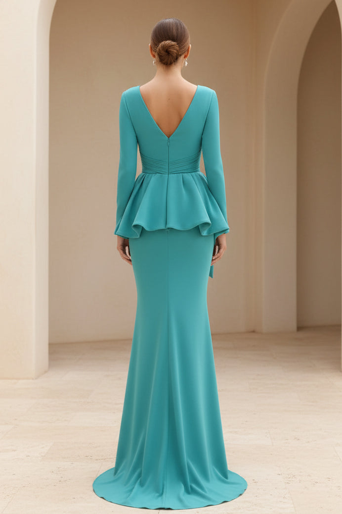 V-Neck Long Sleeve Peplum Mermaid Evening Gown