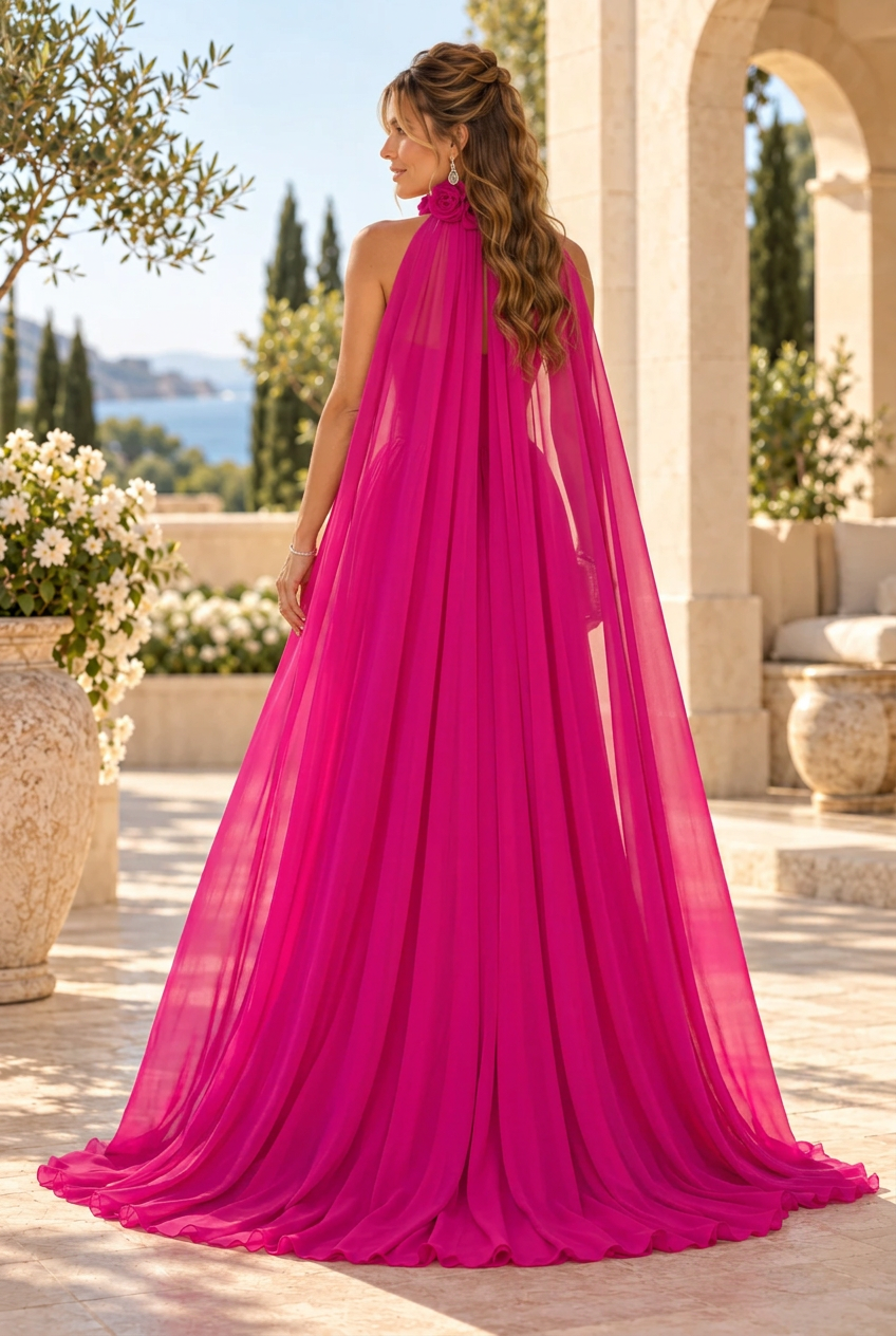 Strapless A-Line Evening Gown with Rosette Cape