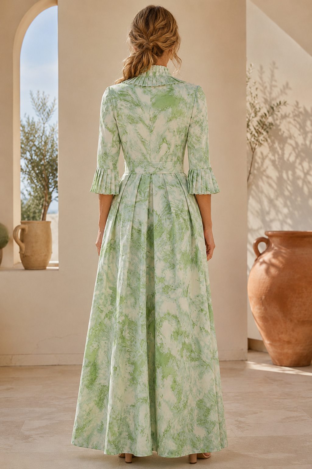 Pleated Ruffle V-Neck Maxi Dress with Belt