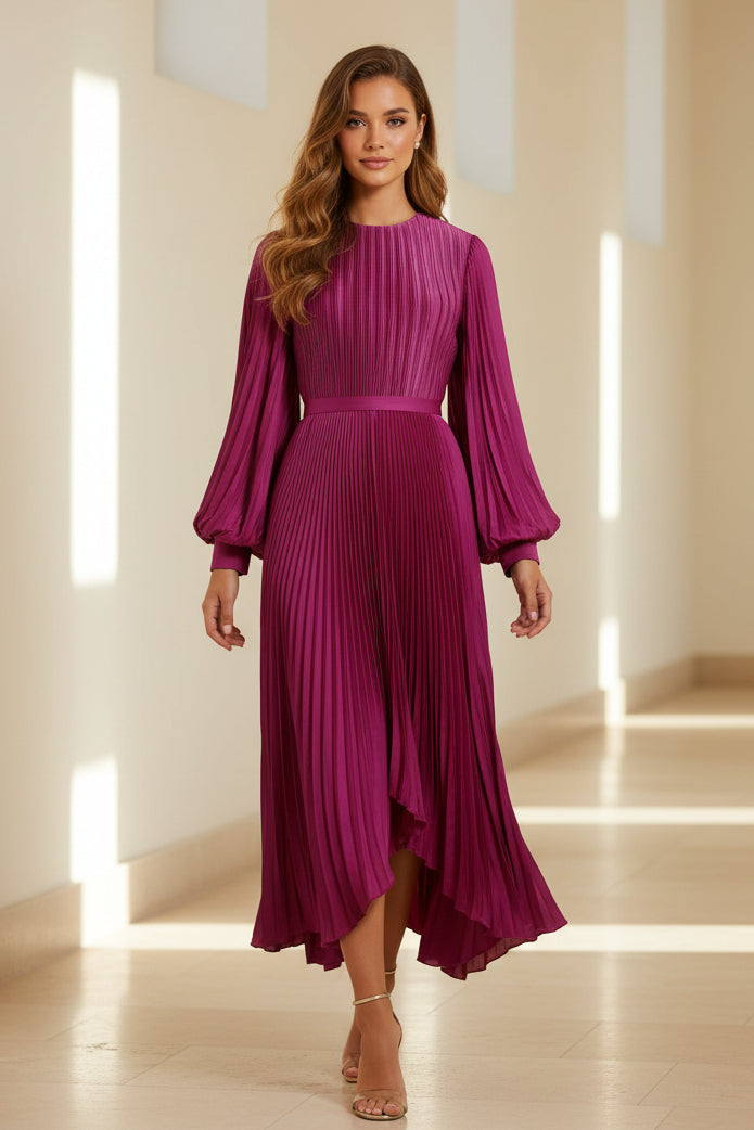 Pleated Long Sleeve Asymmetrical Midi Dress