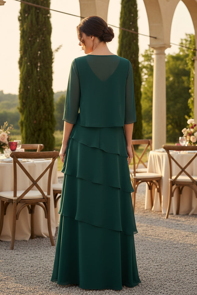 Elegant V-Neck Tiered Chiffon Gown with Jacket