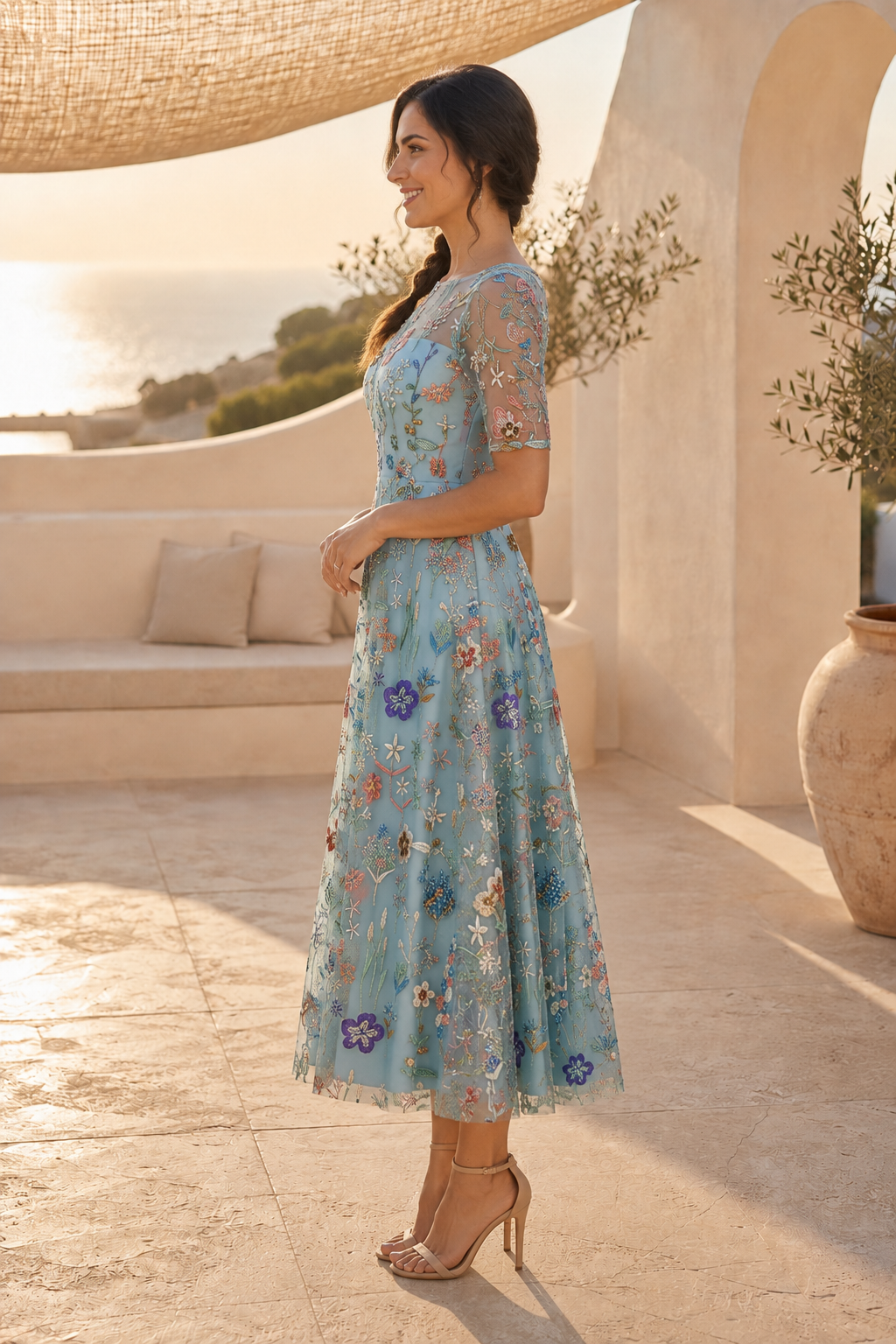 Floral Embroidered Illusion Midi Dress with Short Sleeves