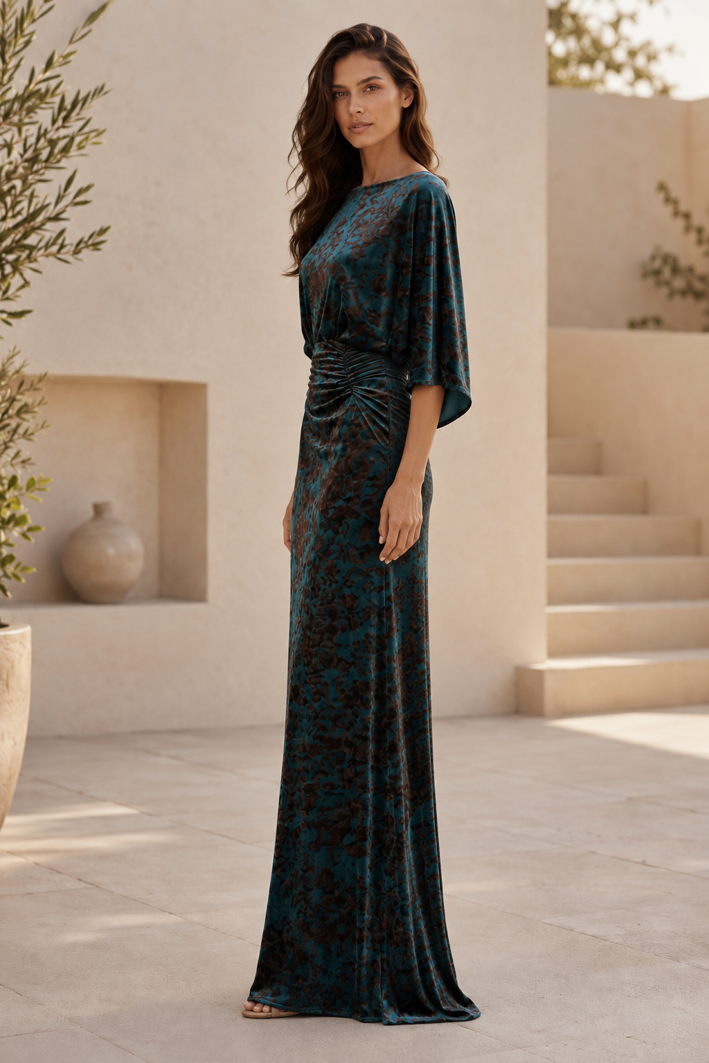 Floral Velvet Bateau Gown with Ruched Waist