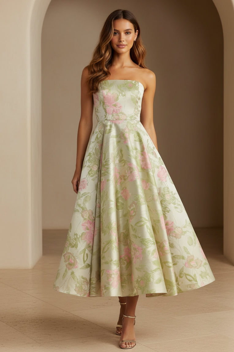 Strapless Floral Jacquard Tea-Length A-Line Dress
