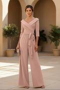 Wide Leg V-Neck Ruched Bodice Jumpsuit with Sash