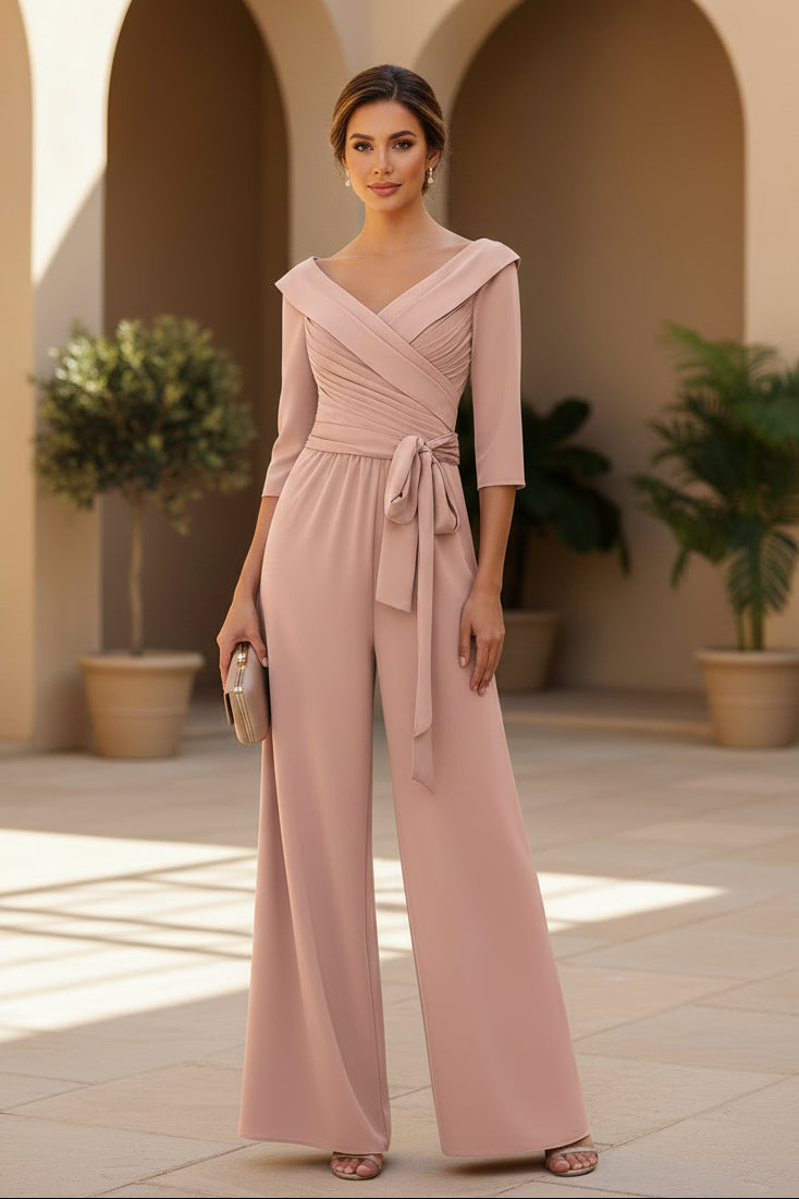Wide Leg V-Neck Ruched Bodice Jumpsuit with Sash