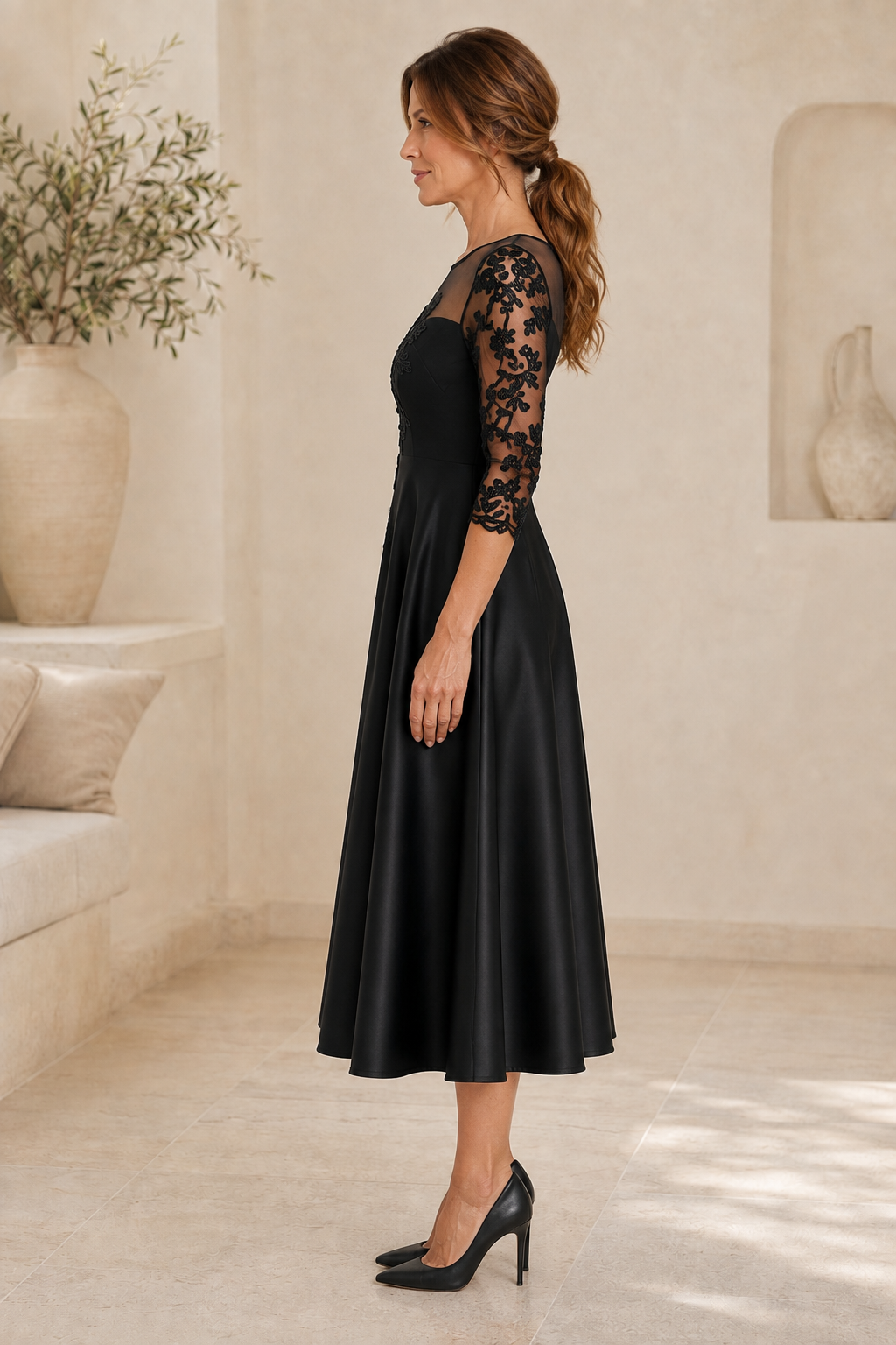 Illusion Neckline Lace Applique Midi A-Line Dress