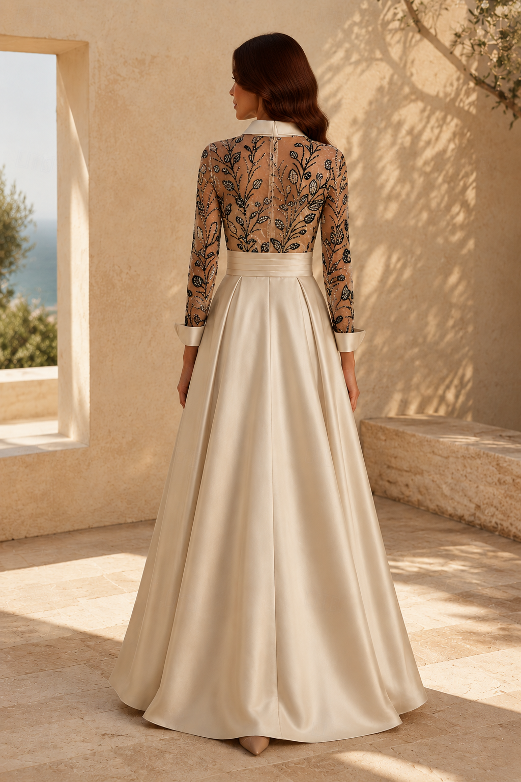 Beaded Shirt-Collar A-Line Gown with 3D Floral Waist