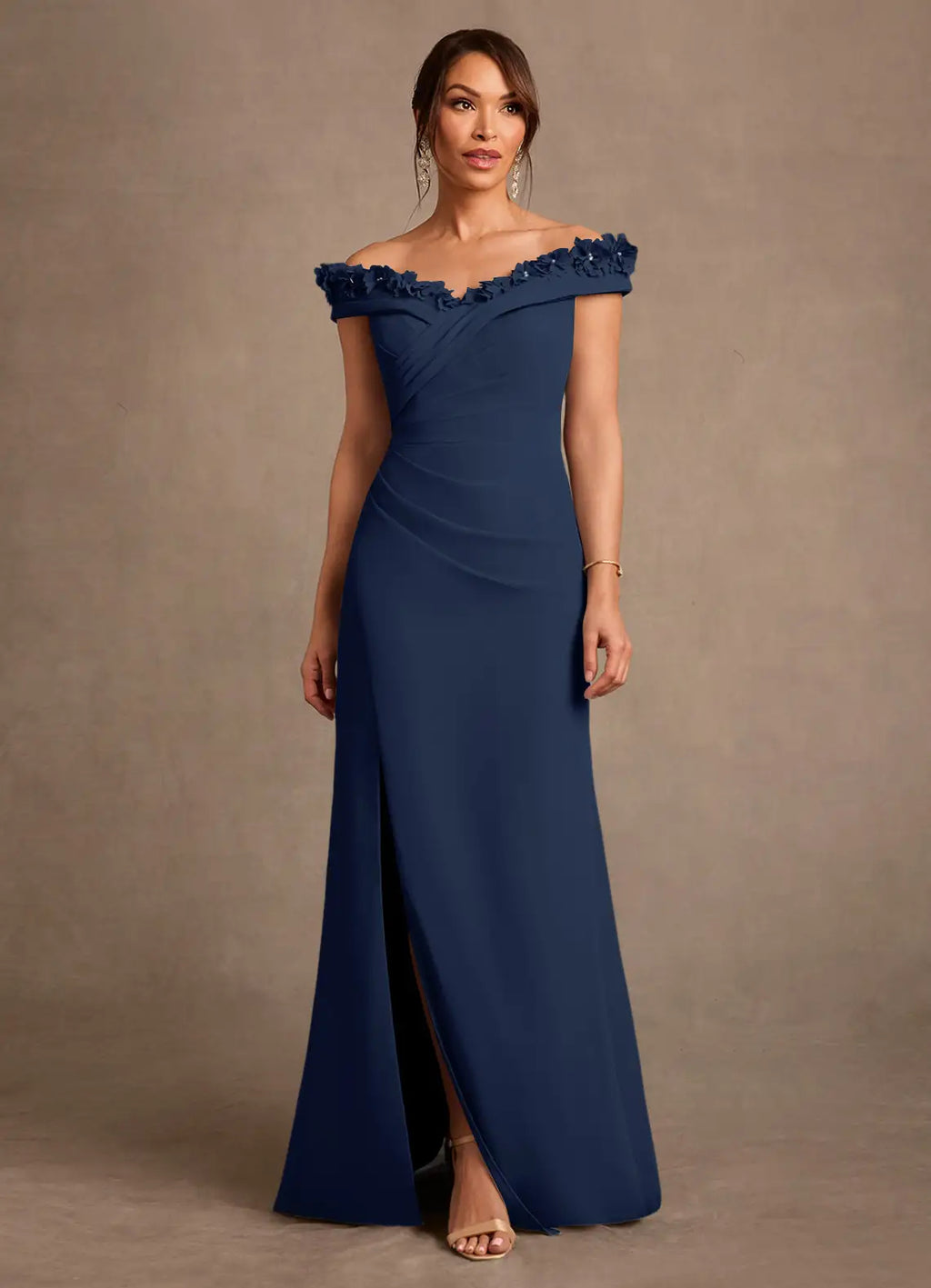 Off-the-Shoulder Floral Applique Evening Gown