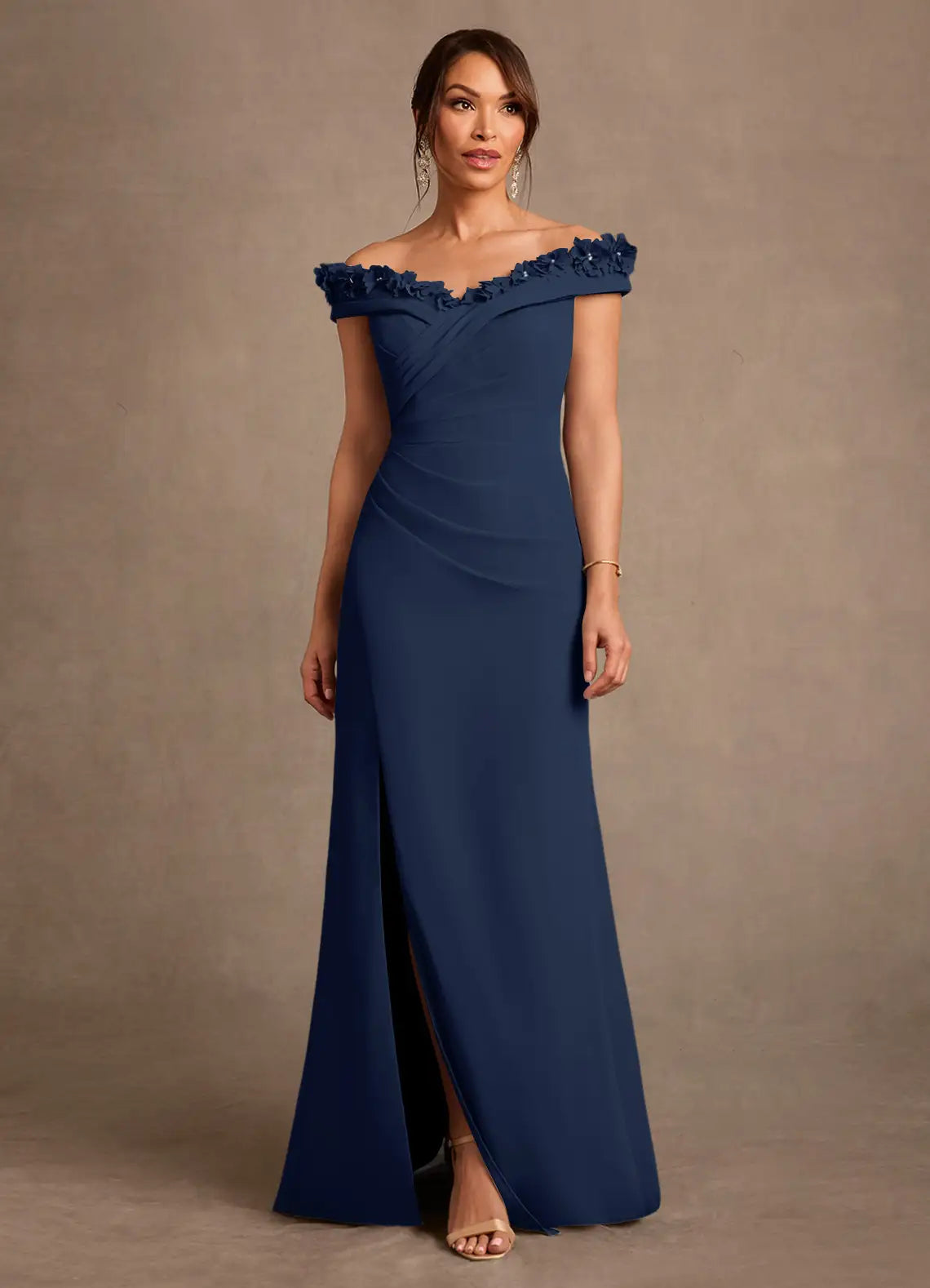 Off-the-Shoulder Floral Applique Evening Gown
