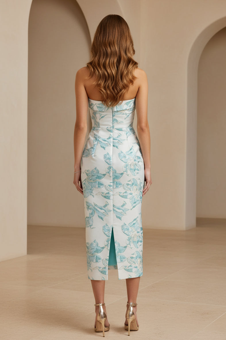 Strapless Floral Jacquard Midi Sheath Dress