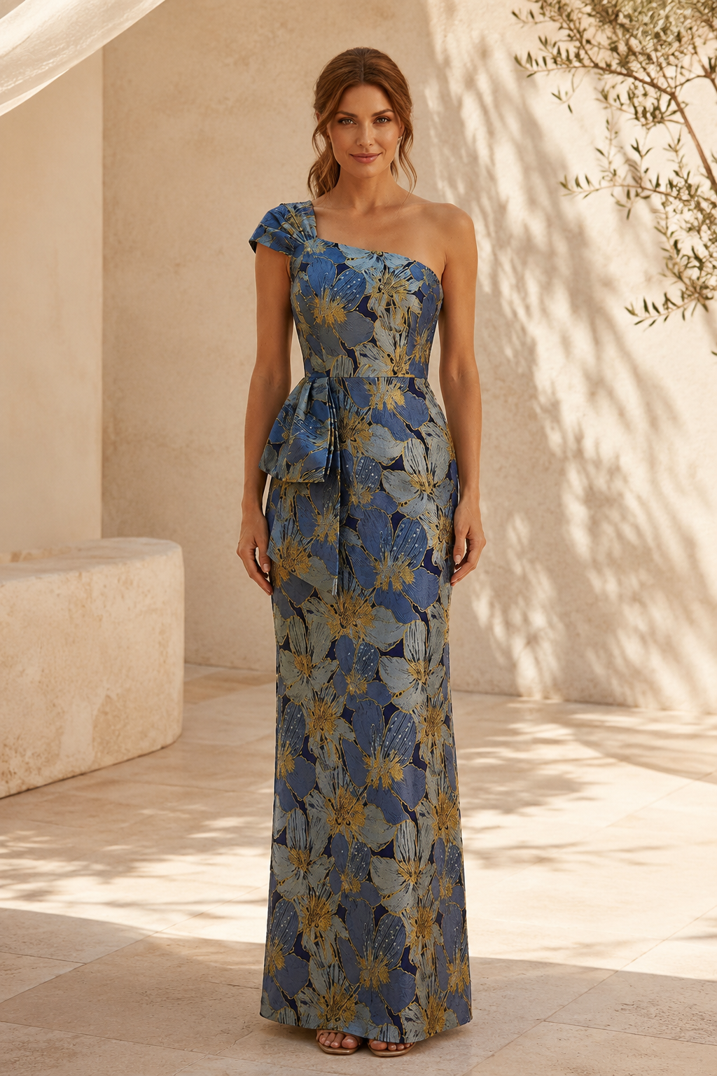 One-Shoulder Floral Jacquard Gown with Waist Tie