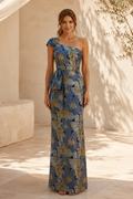 One-Shoulder Floral Jacquard Gown with Waist Tie