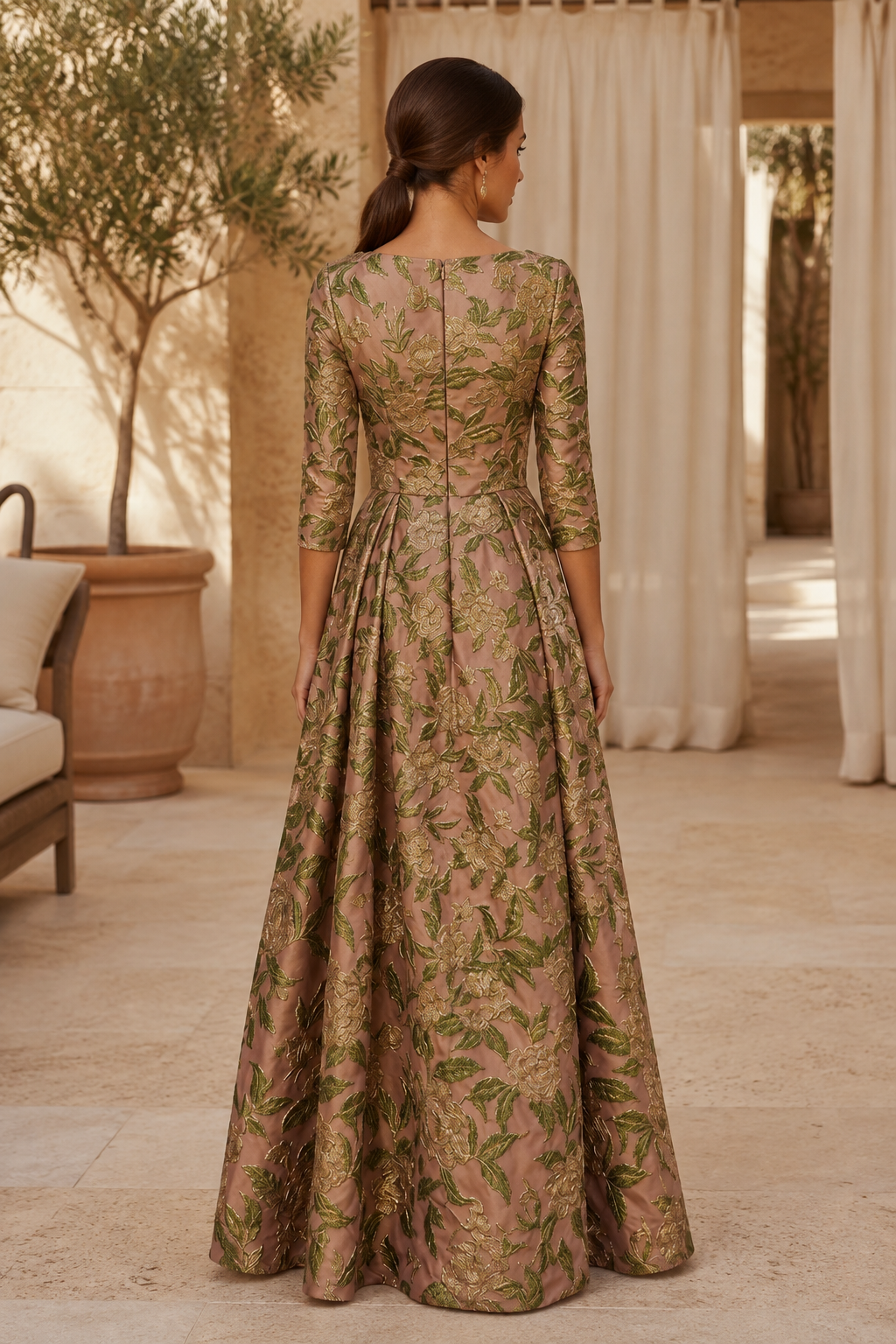 Floral Jacquard Gown with Beaded Asymmetrical Neckline